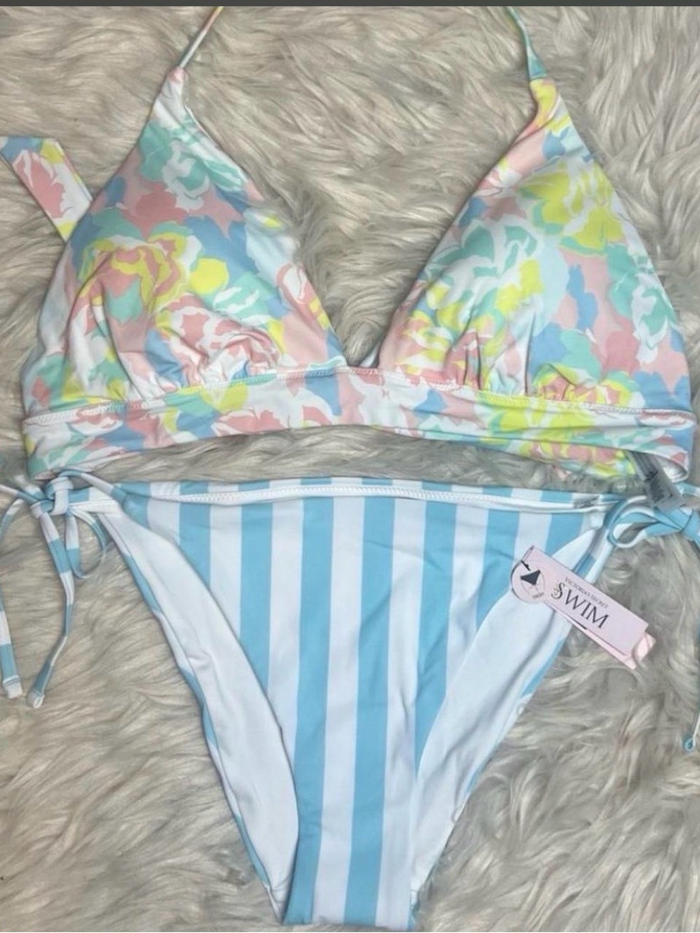 Victoria's Secret Pastel Floral Push-up Halter Top & Cheeky Blue Stripe Bottom